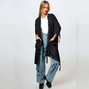 Kate Hewko Black Rivet Open Kimono Duster with Grommet Eyelet Trim One Size